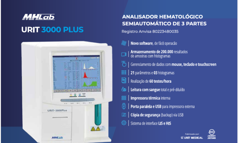 ANALISADOR  SEMIAUTOMÁTICO DE HEMATOLOGIA -03 PARTES  URIT 3000 PLUS