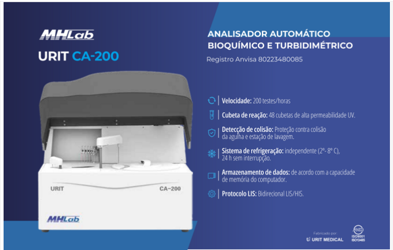 ANALISADOR AUTOMÁTICO BIOQUÍMICO E TURBODIMÉTRICO URIT CA-200
