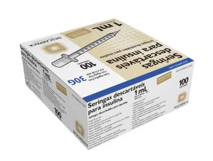 Seringa Insulina 1 Ml Com Agulha Fixa 12,7x0,33 Mm (29g). 100 Un/Cx