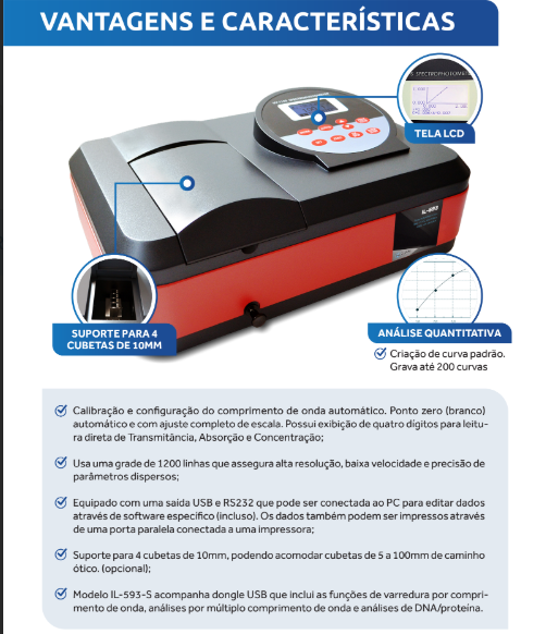 Espectrofotômetro Digital com Faixa de 190 a 1100nm UV-VIS Automático e Largura de Banda de 2nm - IL-593-BI