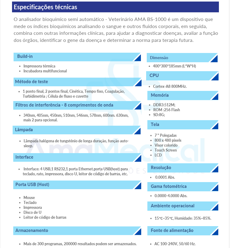 Analisador Bioquímico Semi-Automático AMA BS-1000