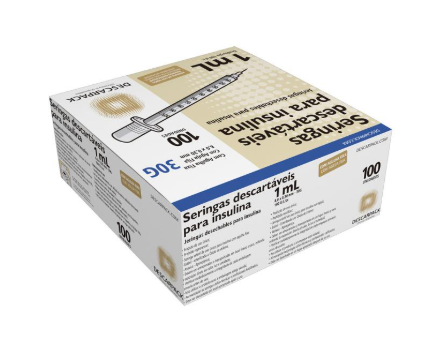 Seringa Insulina 1 Ml Com Agulha Fixa 8,0x0,30mm (30g). 