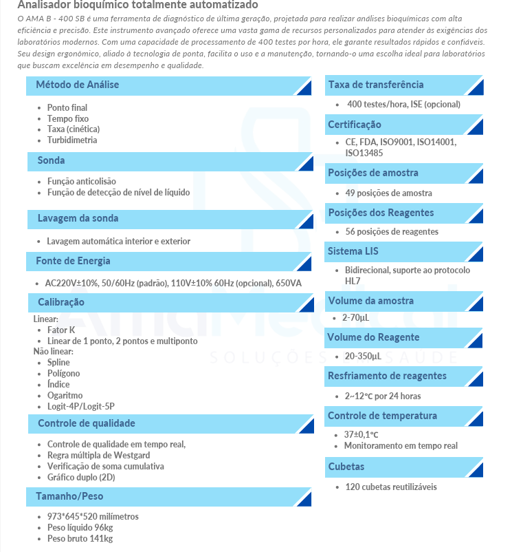 Analisador Bioquímico Automatico AMA B-400 SB (MÓDULO ISE OPCIONAL)