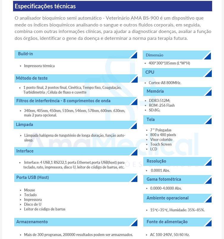 Analisador Bioquímico Semi-Automático AMA BS-900