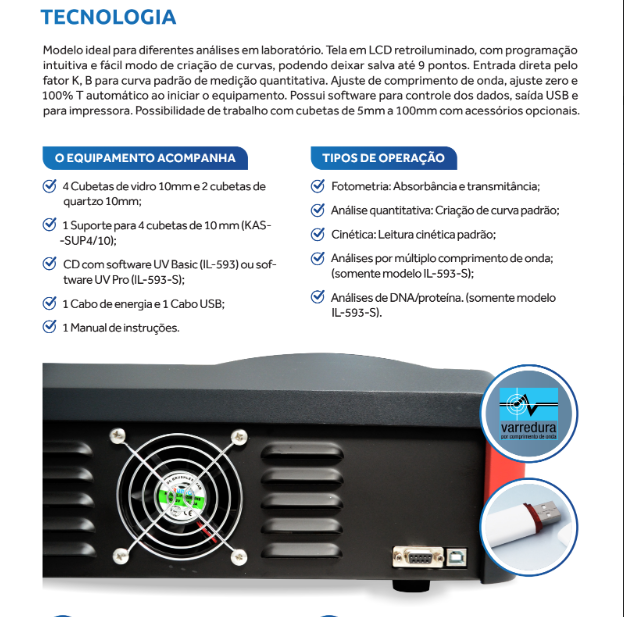 Espectrofotômetro Digital com Faixa de 190 a 1100nm UV-VIS Automático e Largura de Banda de 2nm - IL-593-BI