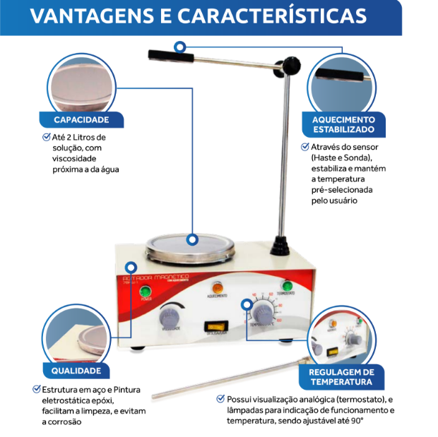 Agitador Magnético 1250rpm até 2L com aquecimento 100ºC - 78HW-1