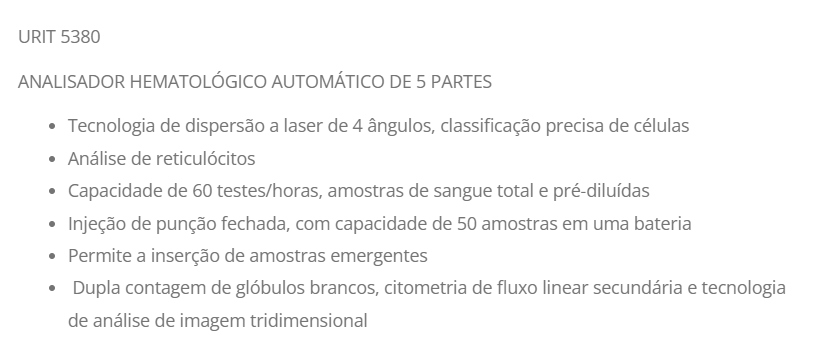 ANALISADOR HEMATOLÓGICO AUTOMÁTICO DE 5 PARTES URIT 5380