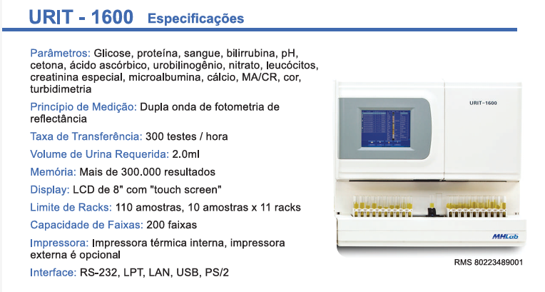 ESTAÇÃO DE TRABALHO COMPLETA PARA URINÁLISE  - TOTALMENTE AUTOMÁTICA URIT 1280 – 1600