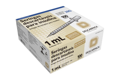 Seringa Insulina 1 Ml Com Agulha Fixa 12,7x0,33 Mm (29g). 100 Un/Cx