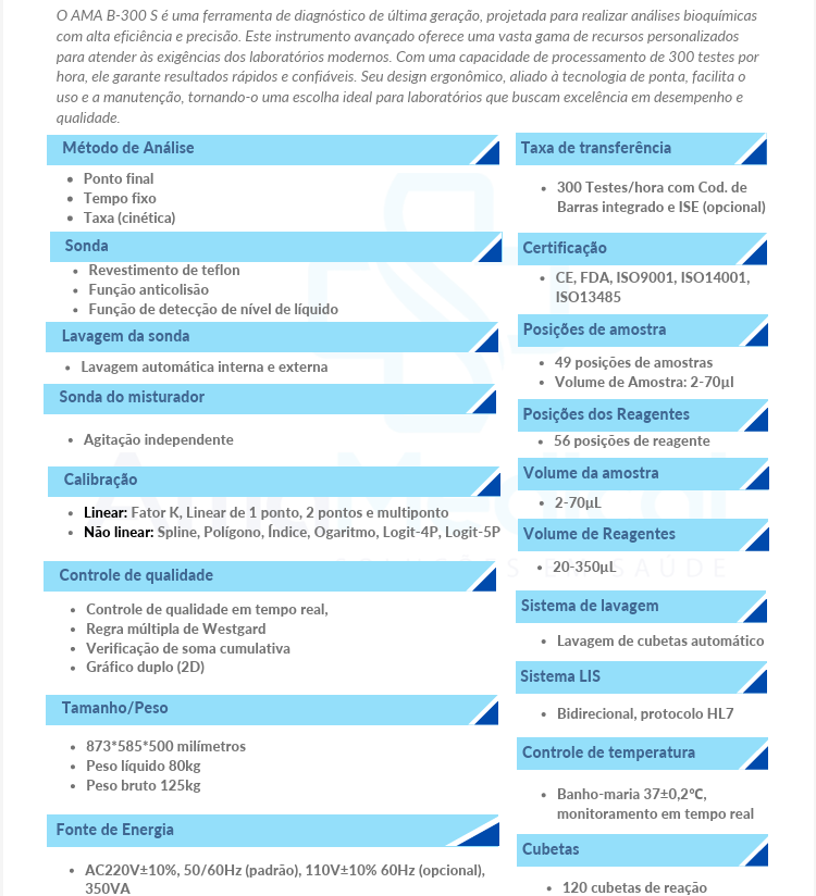 Analisador Bioquímico Automatico AMA B-300 S (MÓDULO ISE OPCIONAL)