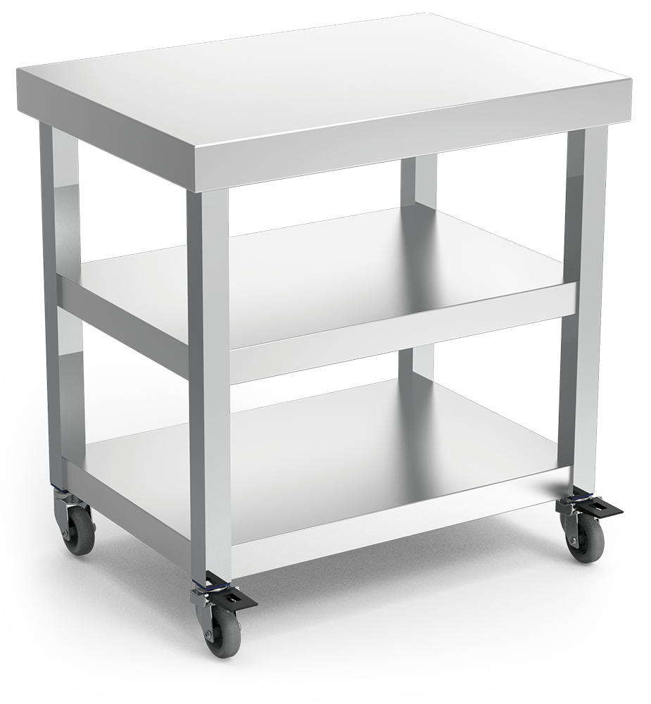 Mesa central con ruedas y 2 entrepaños