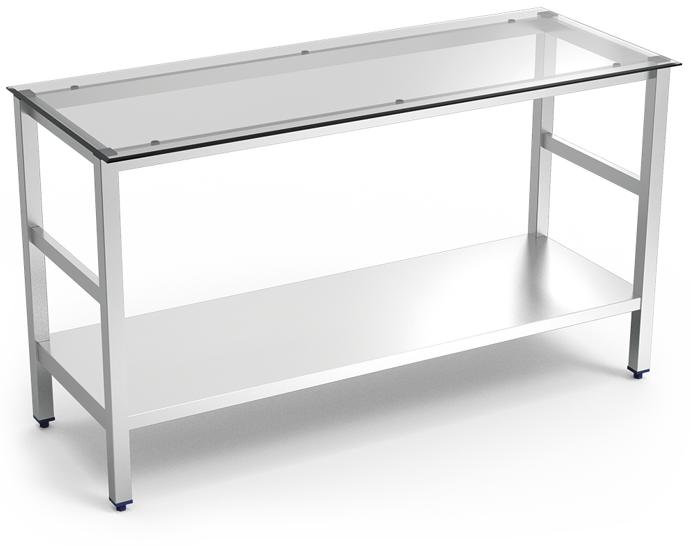 Mesa central inox con encimera de cristal translúcido