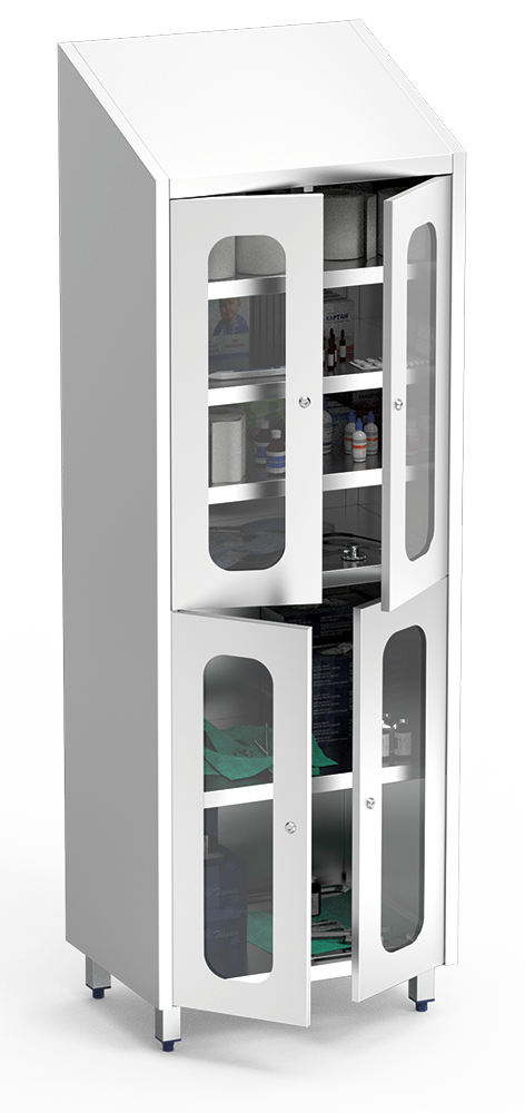 Armario con cerradura y puertas transparentes para medicamentos y utensilios