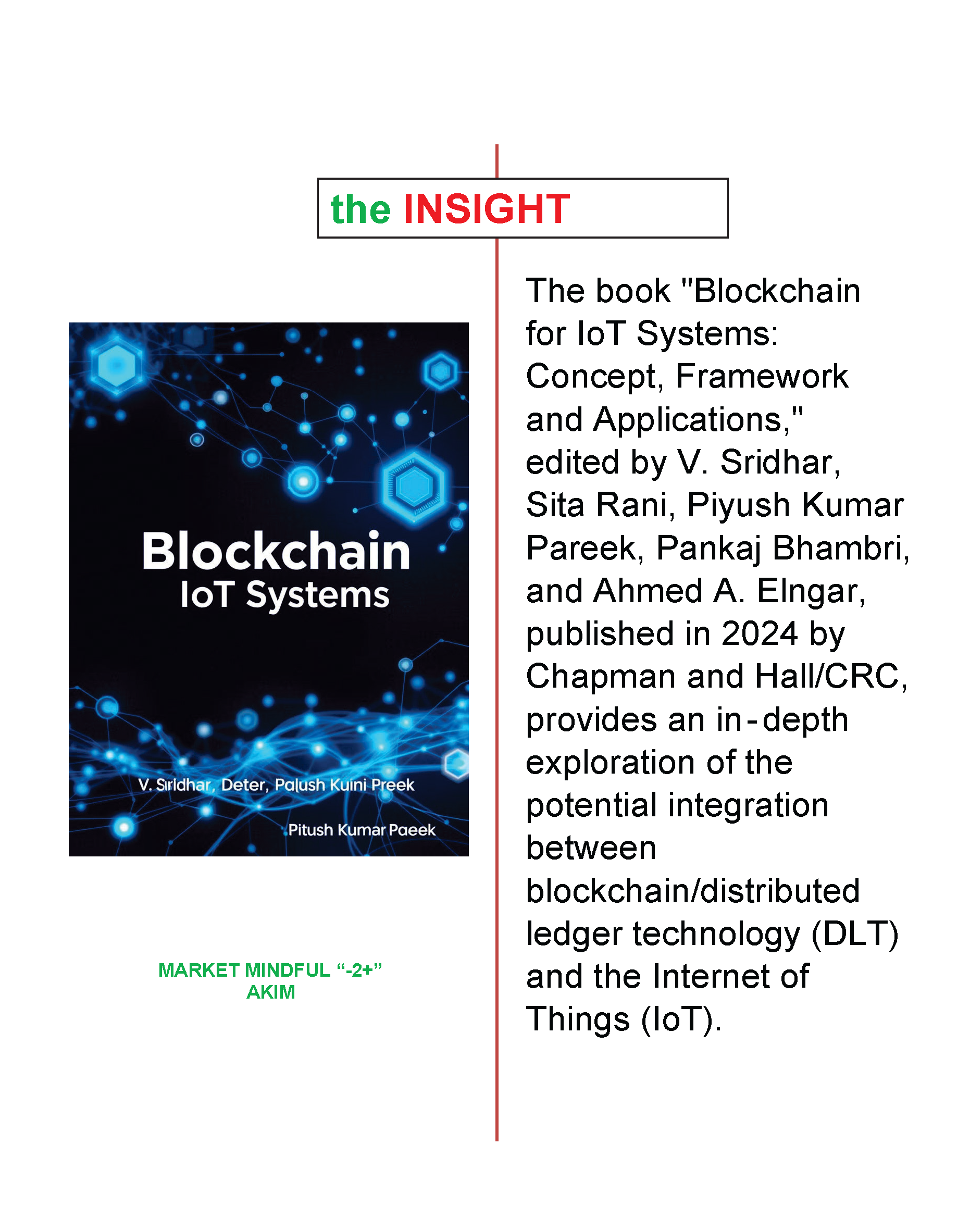 Blockchain for IoT Systems: Concept, Framework and Applications," edited by V. Sridhar, Sita Rani, Piyush Kumar Pareek, Pankaj Bhambri