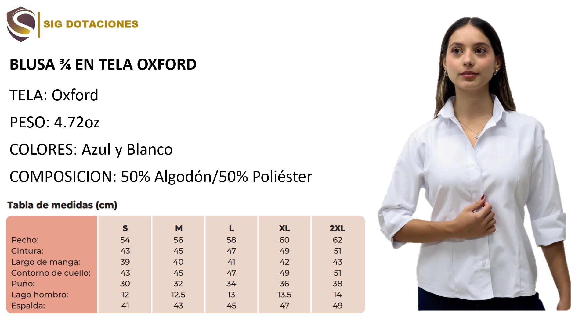 blusa manga 3/4 en Oxford poli-algodón