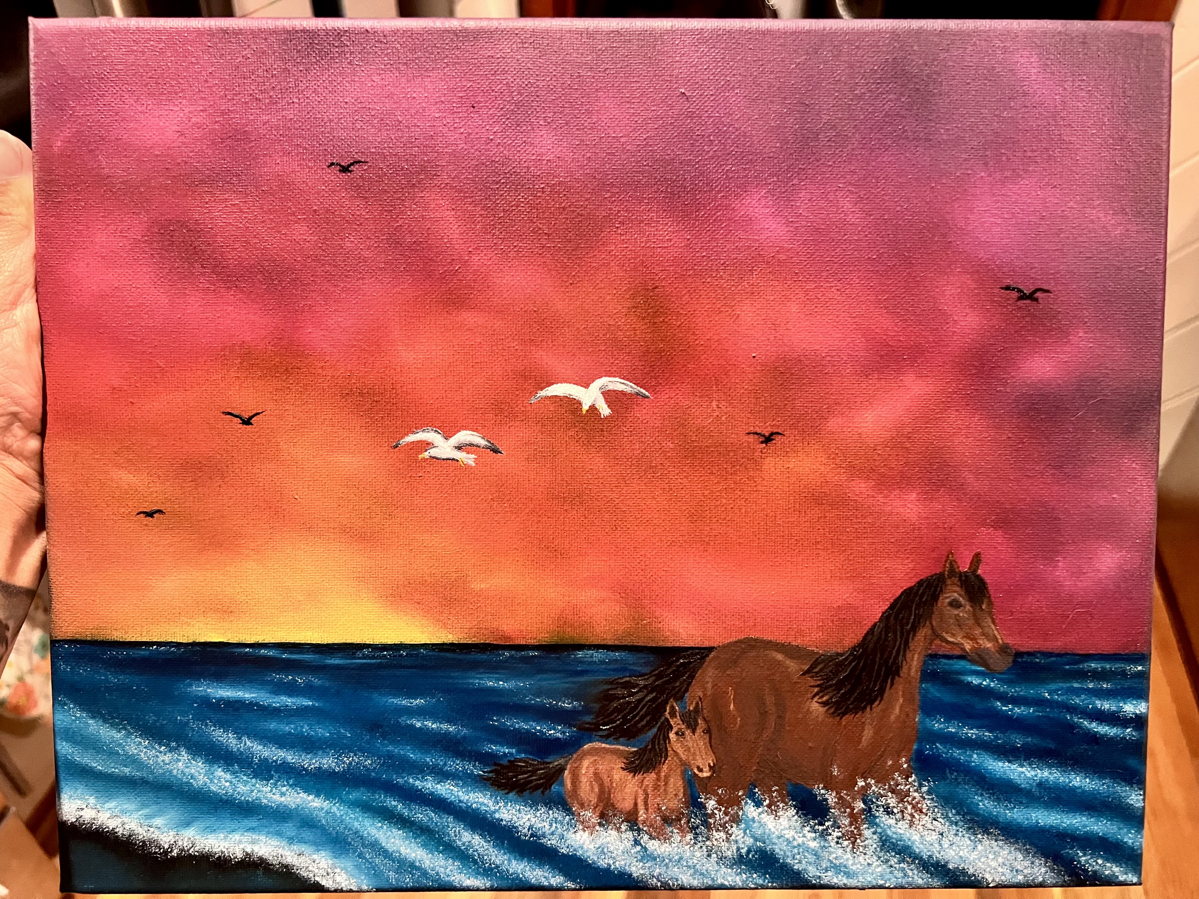 Horses Beach Sunset Painting