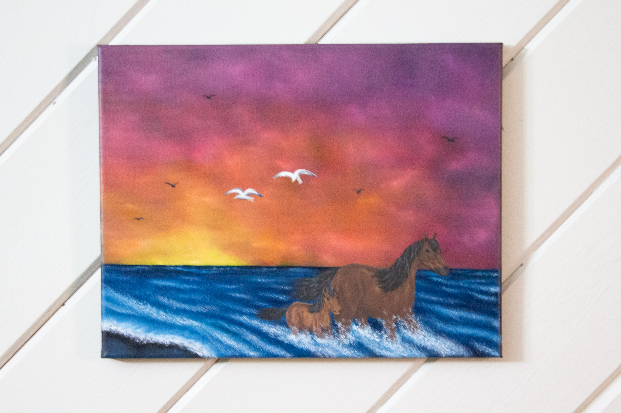 Horses Beach Sunset Painting