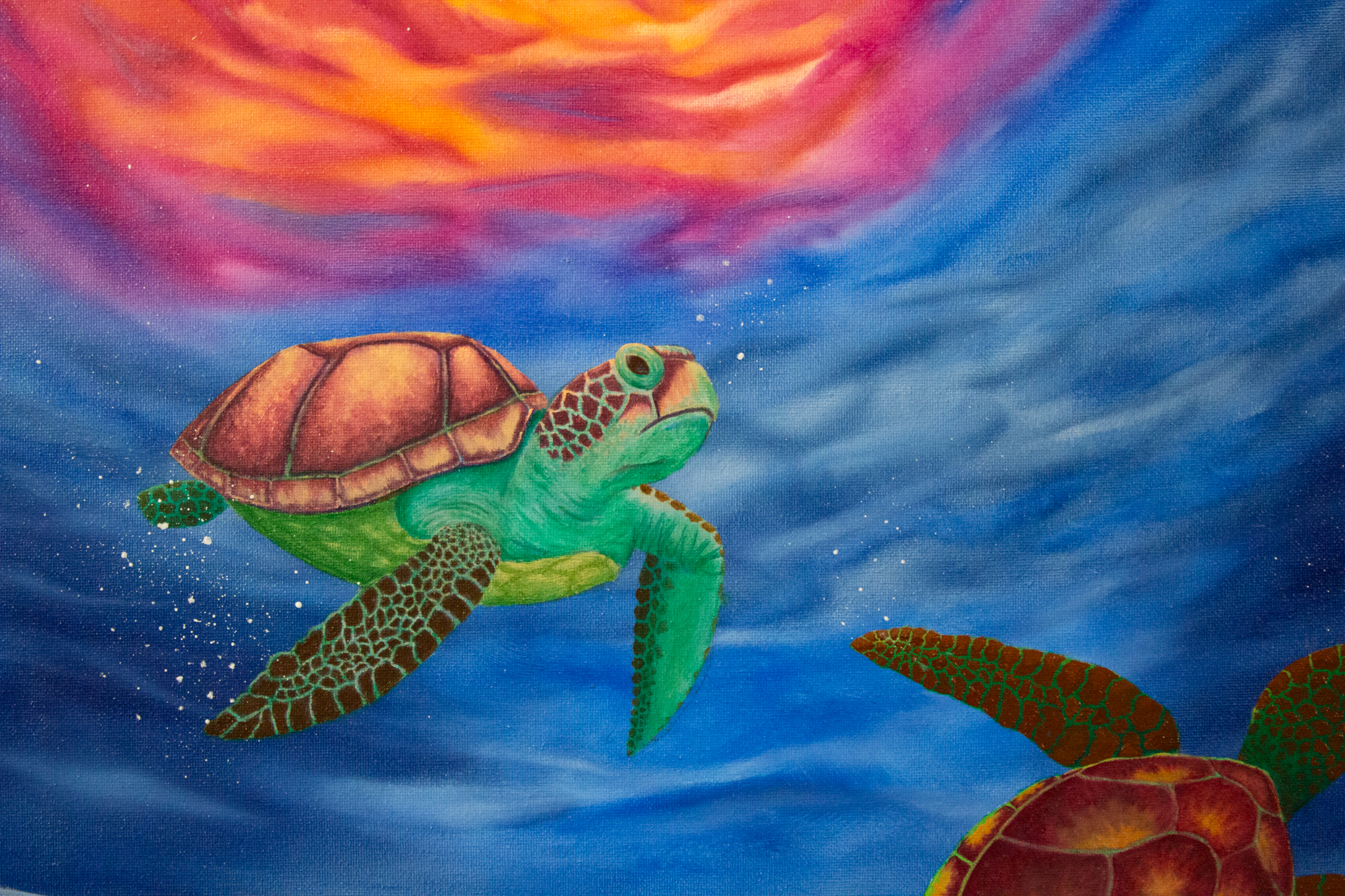 Turtle Underwater Sunset Oil Painting