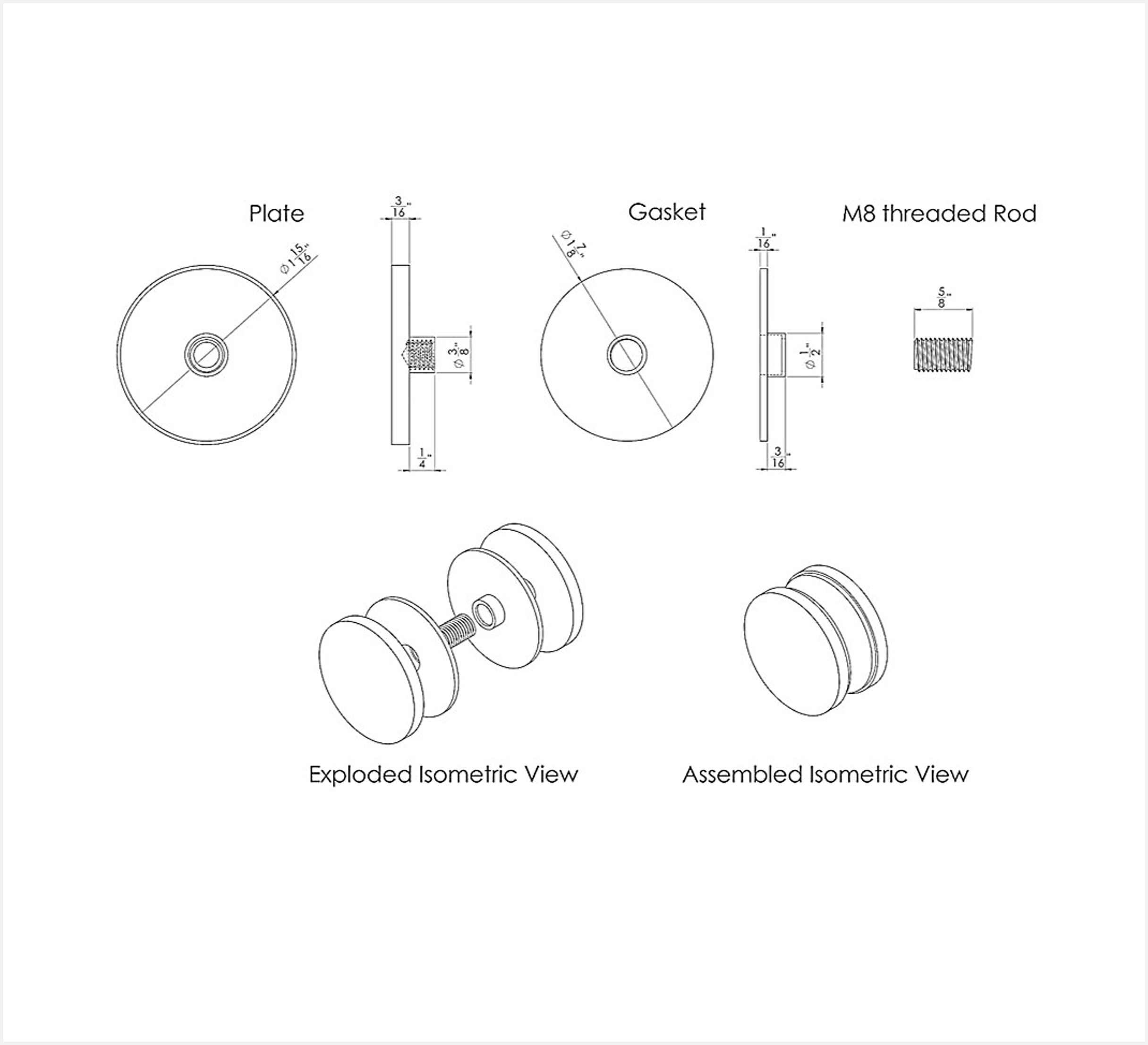 EXPOAS (QTY:2) Glass to Glass Connector 1-7/8"Stainless Steel 316