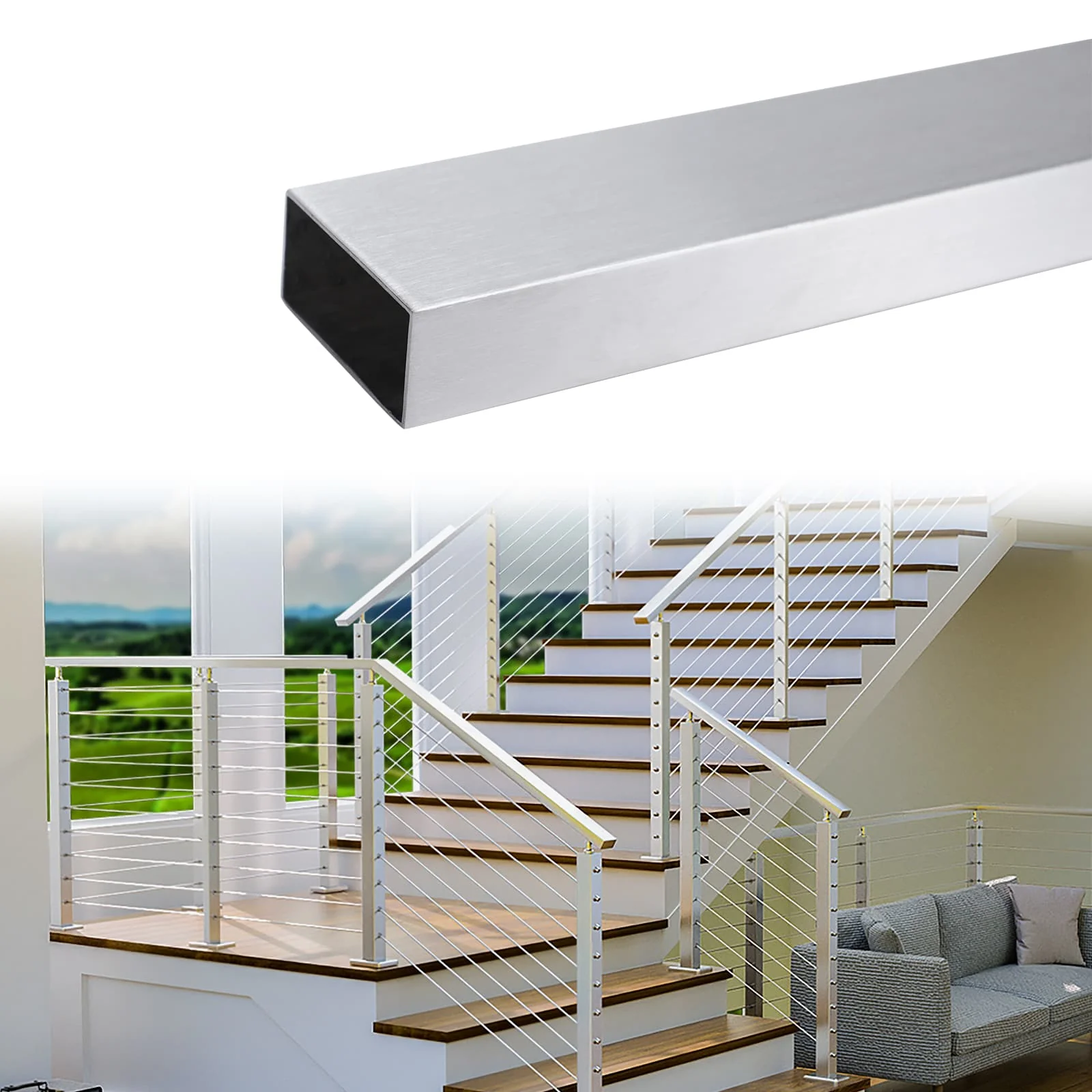 EXPOAS Handrail S.S. 1.18"X2.36"X8FT - Silver:1.18"X2.36"X6.5FT