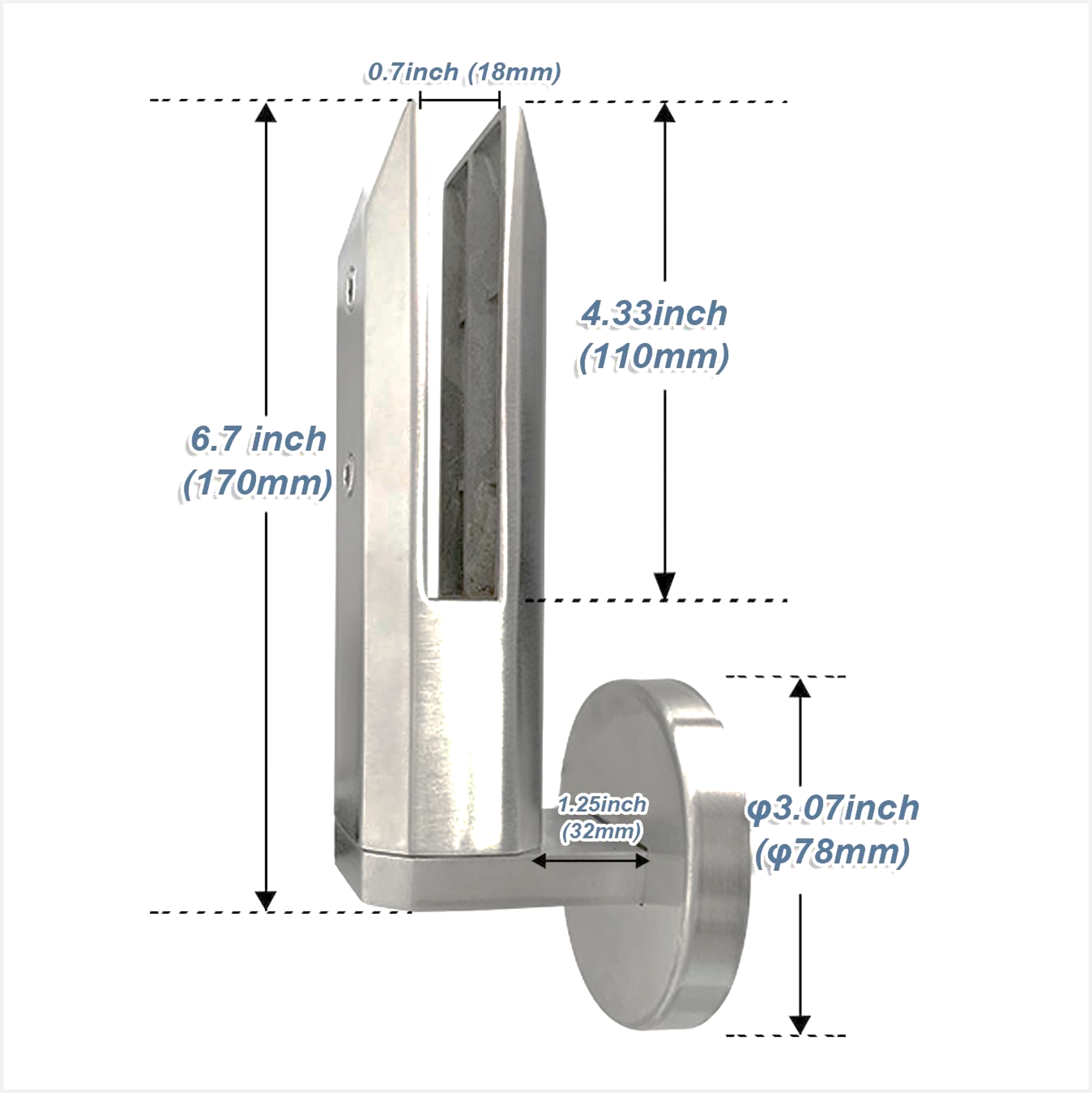 EXPOAS Side Hold 6.7" Tall S.S. for 1/2" - 9/16" Glass 