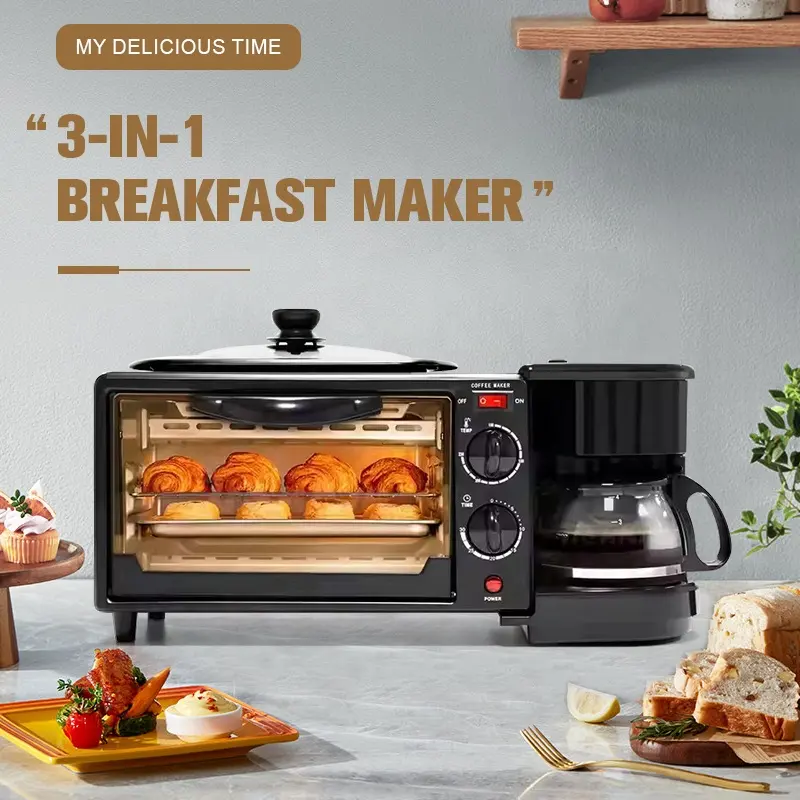 3-in-1 breakfast machine with oven, frying pan and coffee maker in stainless steel