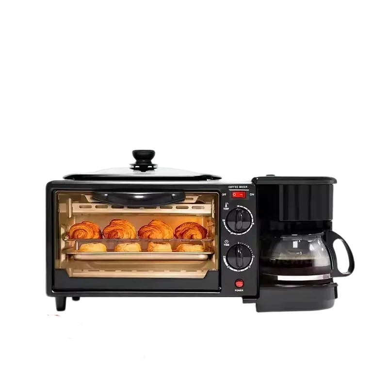 3-in-1 breakfast machine with oven, frying pan and coffee maker in stainless steel