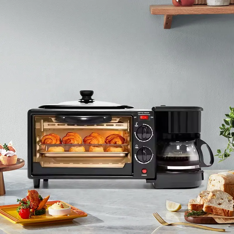 3-in-1 breakfast machine with oven, frying pan and coffee maker in stainless steel