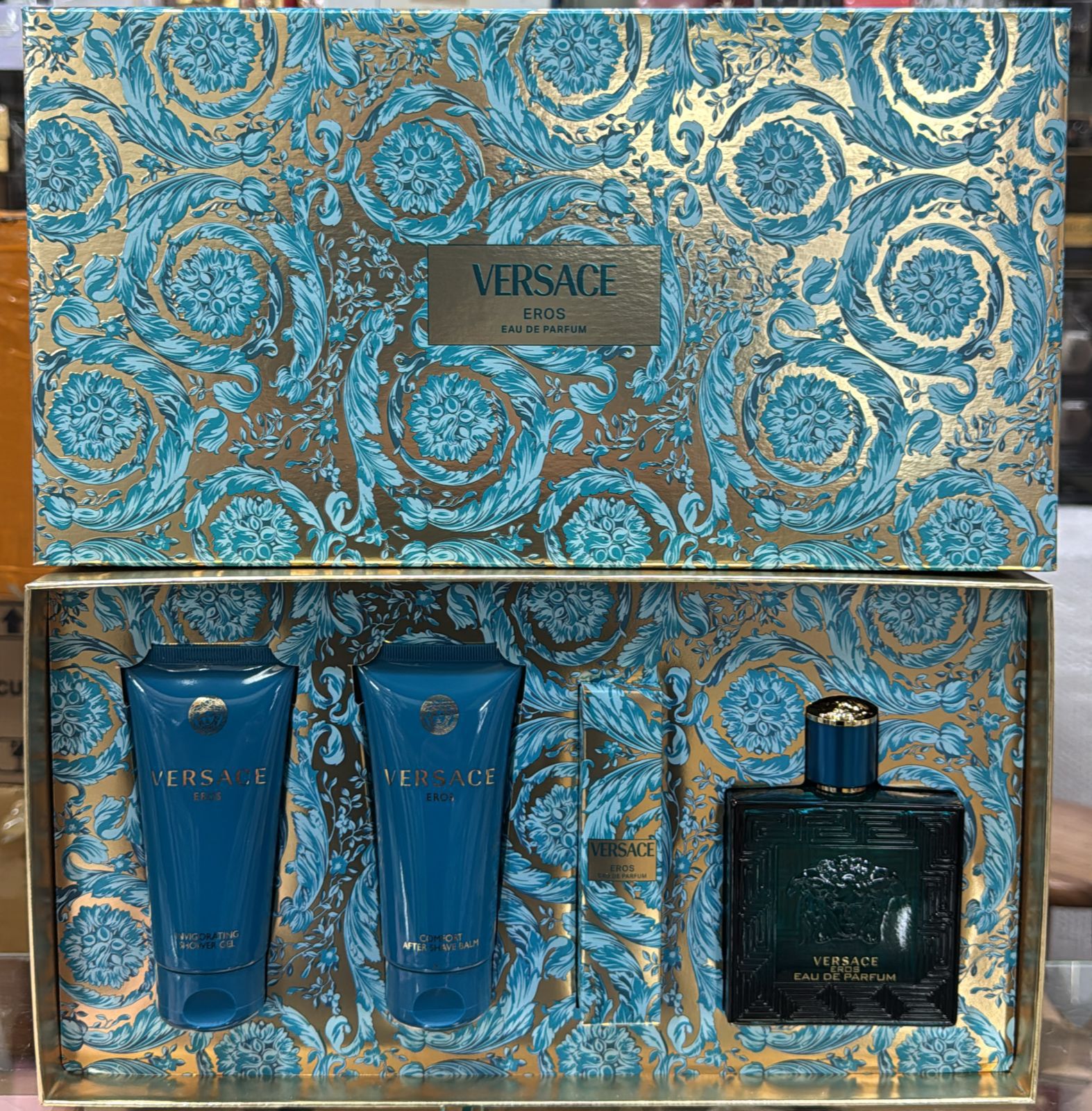 Kit Eros edp 100 ml + caneta 10 ml + gel de banho + pós barba