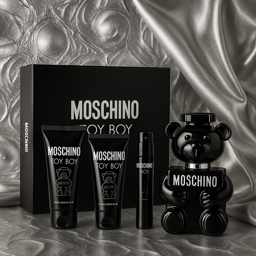 Kit: Moschino Toy Boy 100ml + Gel de banho 100ml + Hidratante 100ml + Caneta 10ml