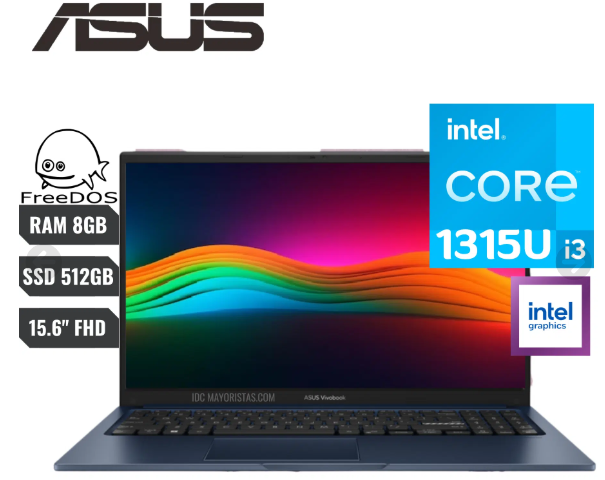 Laptop Asus Vivobook X1504va-nj2444 Intel Core I3 1315u (13va) Ram 8gb Ddr4 Ssd 512gb 15.6 Fhd» Wi-fi Freedos EspaÑol (incluye Mouse Y Mochila Asus) Quiet Blue