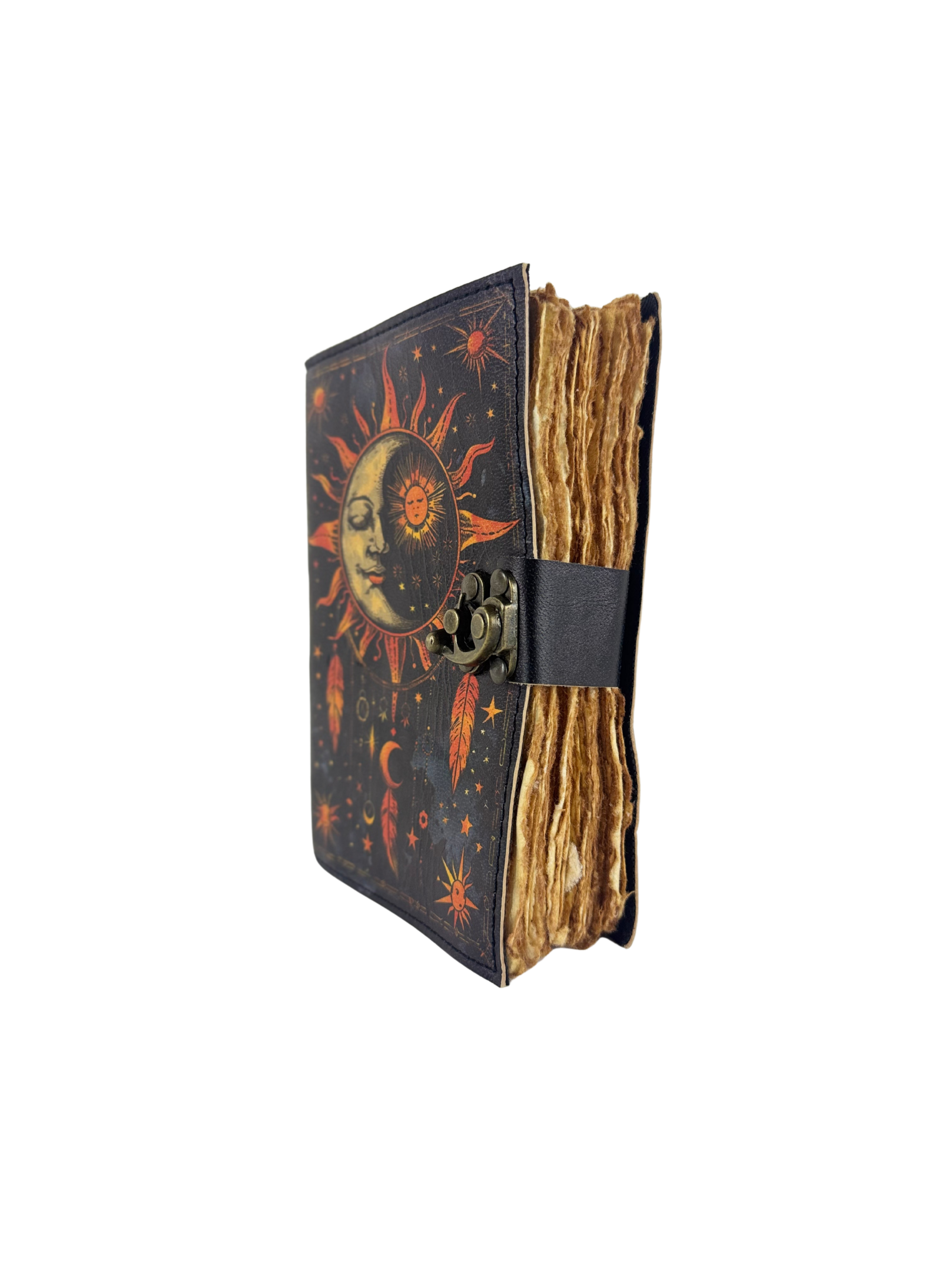 CARNET GRIMOIRE EN CUIR "SOLEIL ET LUNE MYSTIQUE" AVEC PLUMES