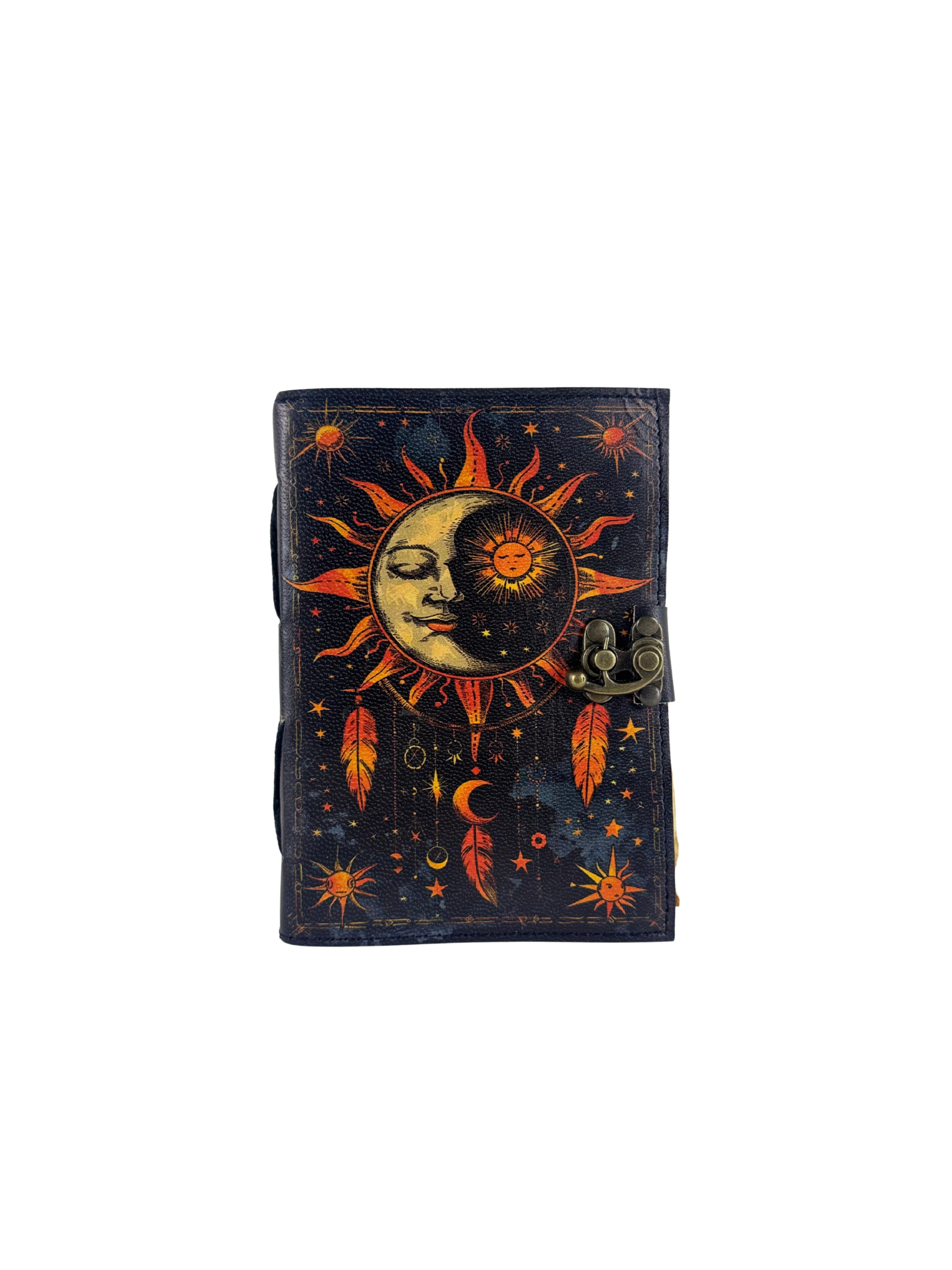 CARNET GRIMOIRE EN CUIR "SOLEIL ET LUNE MYSTIQUE" AVEC PLUMES