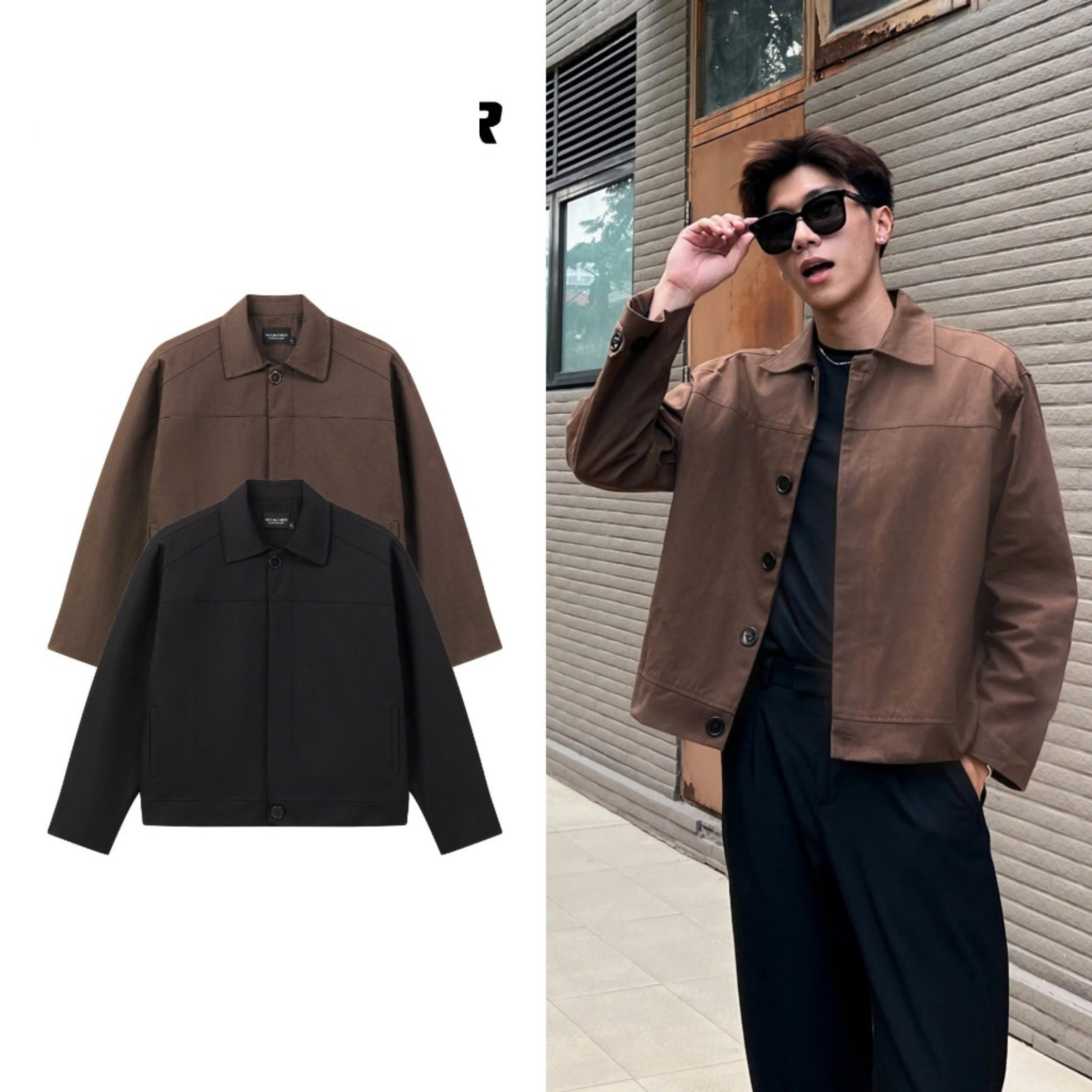 GODMOTHER | Jacket kaki crop unisex cổ bẻ
