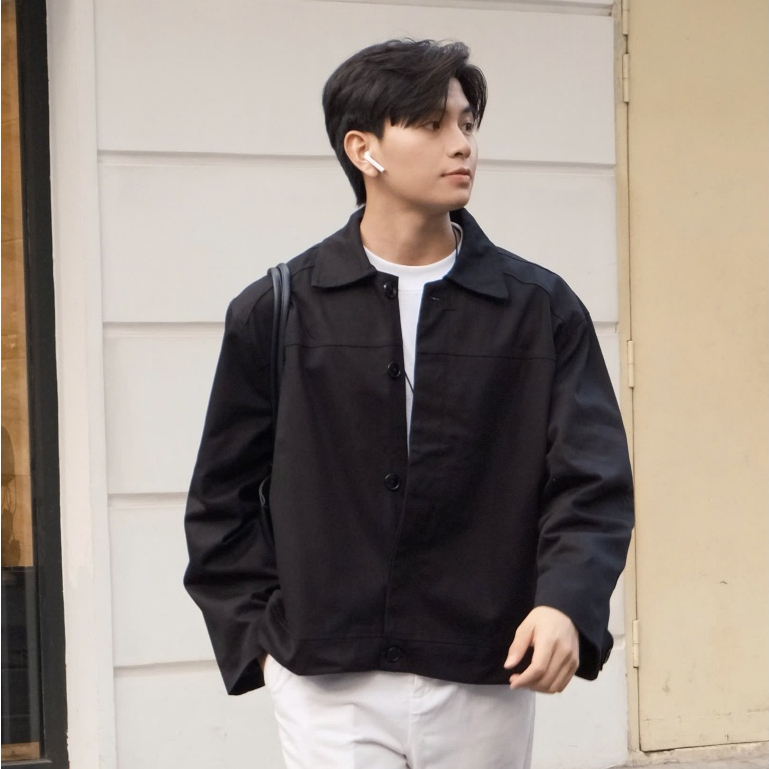 GODMOTHER | Jacket kaki crop unisex cổ bẻ