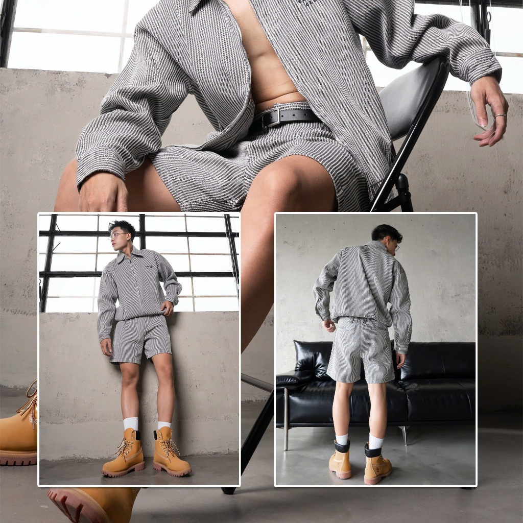CAPMAN CLUB | Set short & áo khoác nam kẻ sọc form rộng