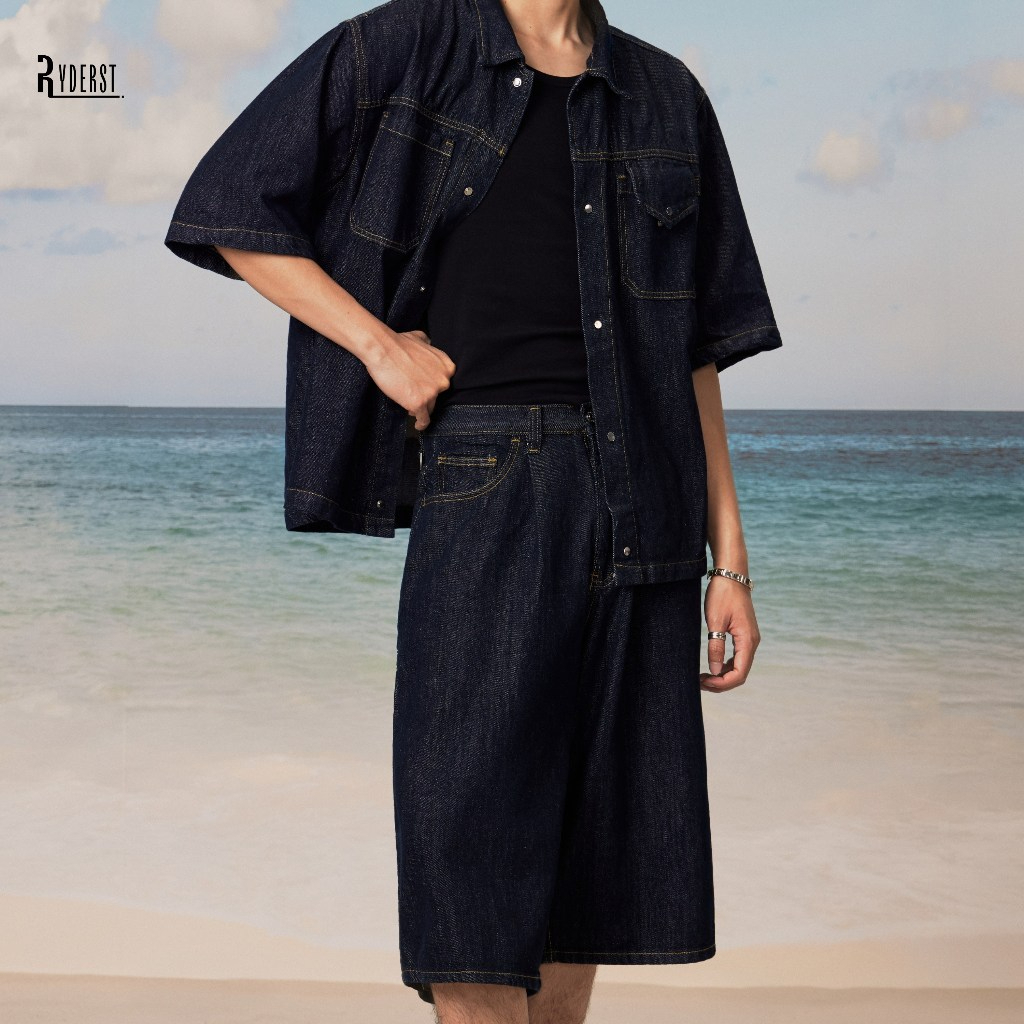 Ryder | Set denim wash sơ mi & quần short