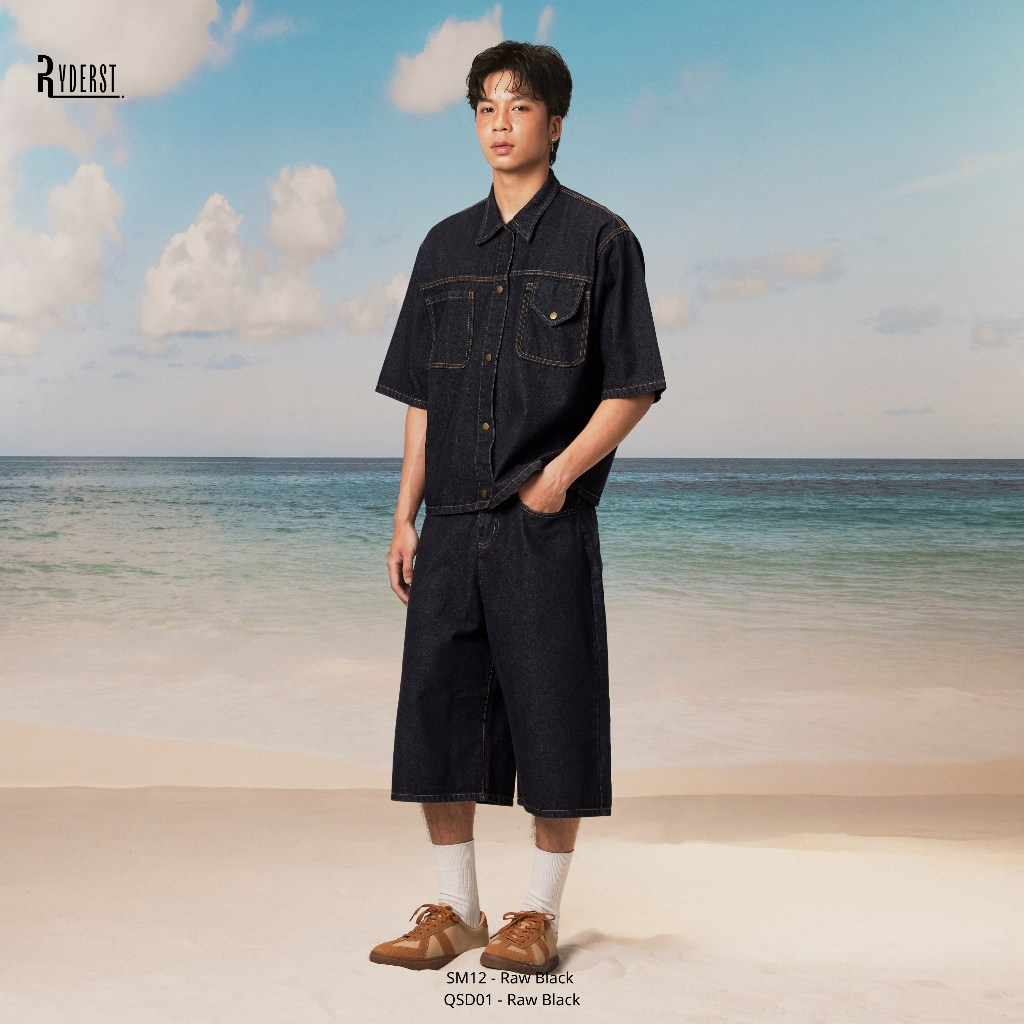Ryder | Set denim wash sơ mi & quần short