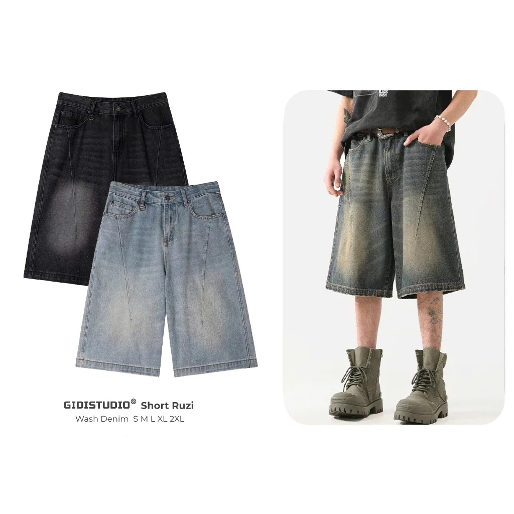 GIDISTUDIO | Quần baggy jeans short lửng GIDISTUDIO Unisex  