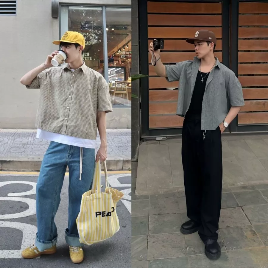 PEALO | Áo sơ mi boxy ngắn tay kẻ caro