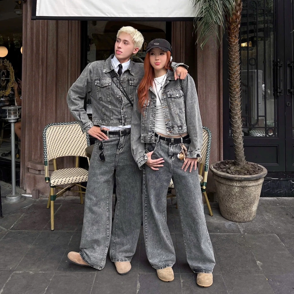 Calem.Club | Áo khoác jean croptop & quần jean ống suông