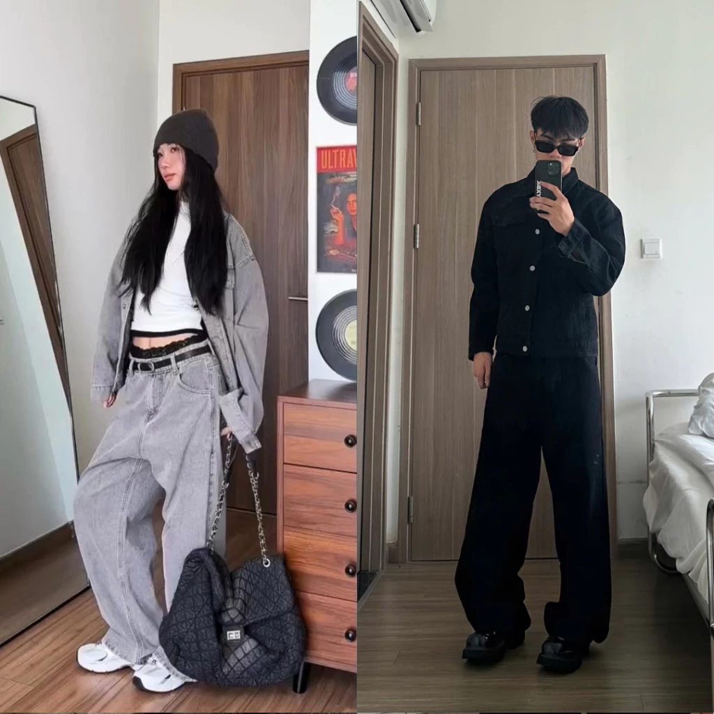 FABULOUS | Set jeans denim unisex gồm áo khoác và quần ống rộng tôn dáng, màu xám cement & đen