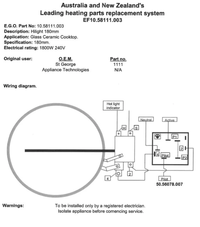 Fisher and Paykel Simpson BEKO Universal Ceramic Top Element 180mm 1800W