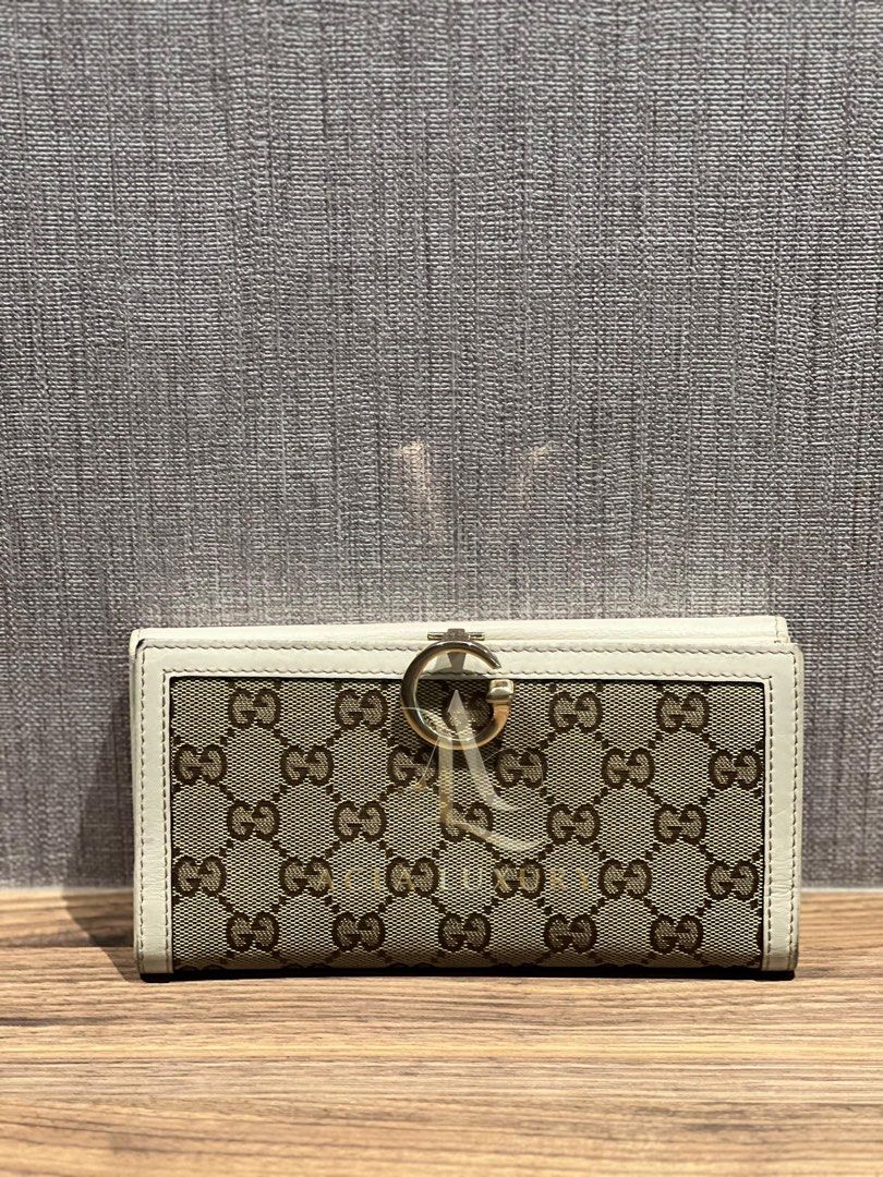 Gucci White Beige GG Canvas and Leather G Bit Flap Continental Wallet