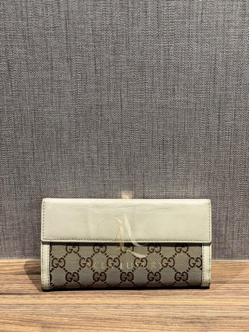 Gucci White Beige GG Canvas and Leather G Bit Flap Continental Wallet