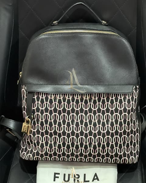 Furla Leather Paneled Printed Canvas Backpack in Black