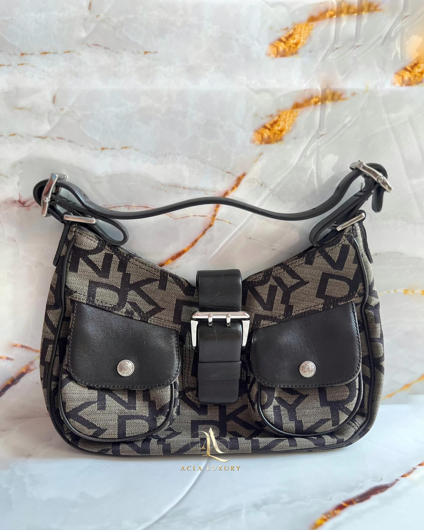 DKNY Leather Canvas Black Bag Vintage Y2K