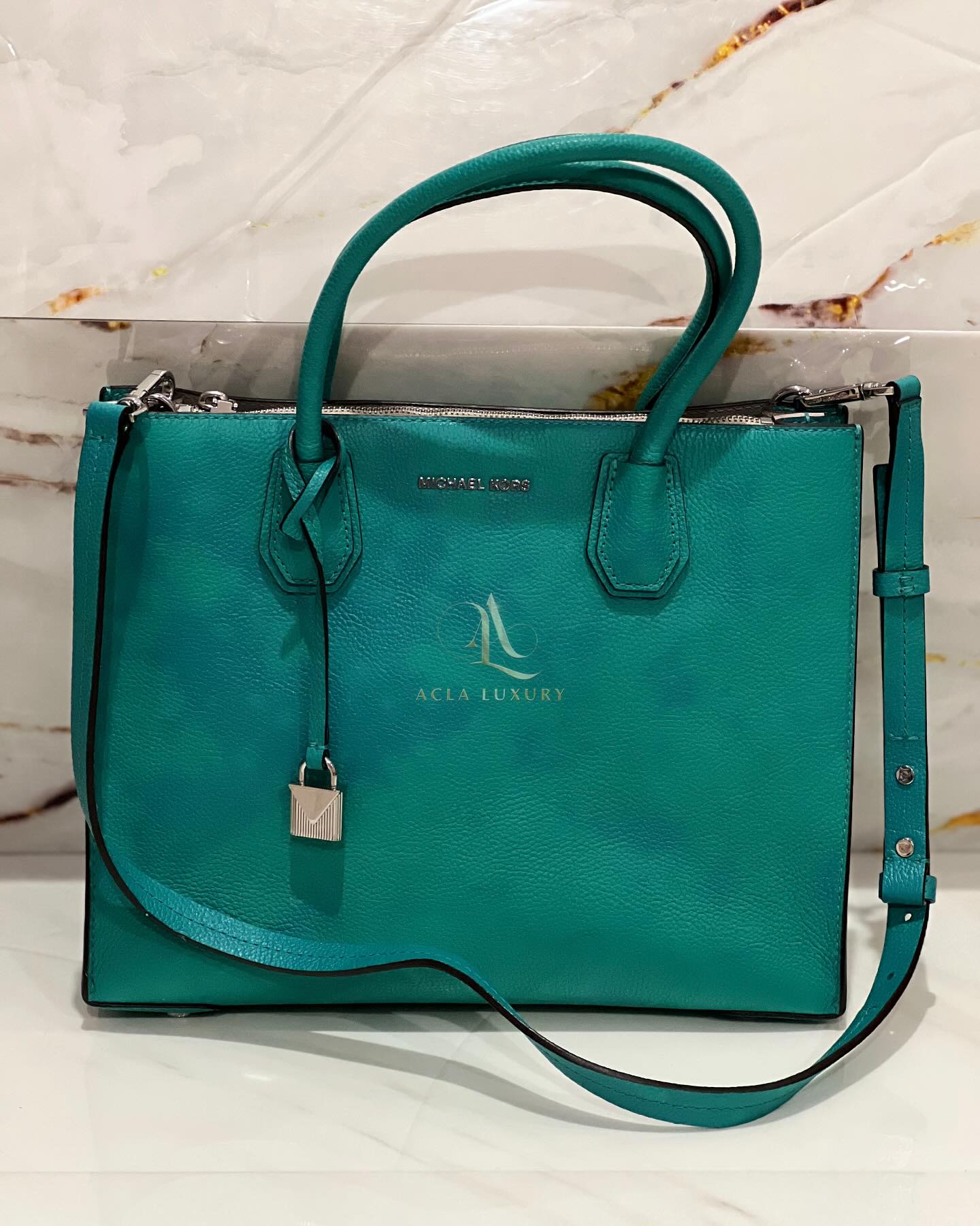 Michael Kors MK Women’s Mercer Large Convertible Tote Pebbled Leather Peacock Blue