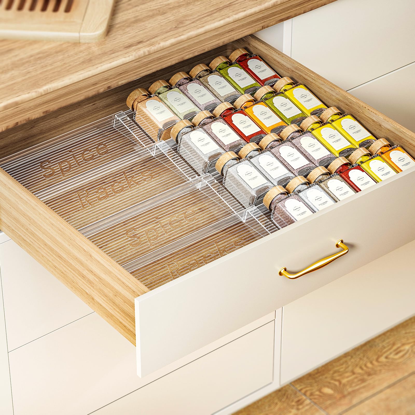 Pantasia Expandable Spice Drawer Organizer 4-Pack, Adjustable Clear Acrylic Spice Rack for Drawer