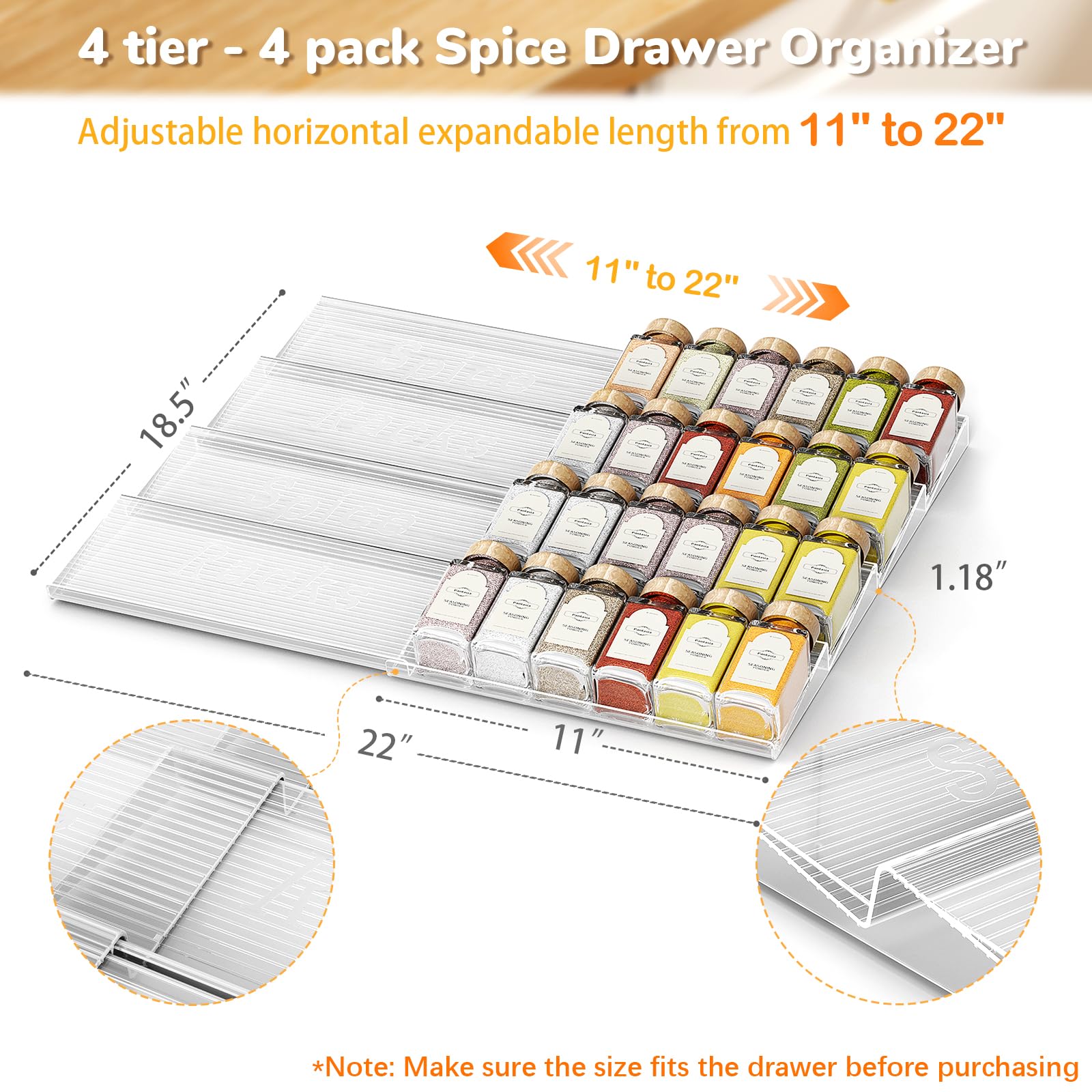 Pantasia Expandable Spice Drawer Organizer 4-Pack, Adjustable Clear Acrylic Spice Rack for Drawer